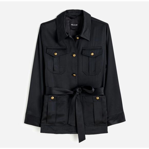 Madewell Double-Faced Satin Safari Jacket WMNS S Black Regular Fit Gold Buttons - Picture 3 of 8